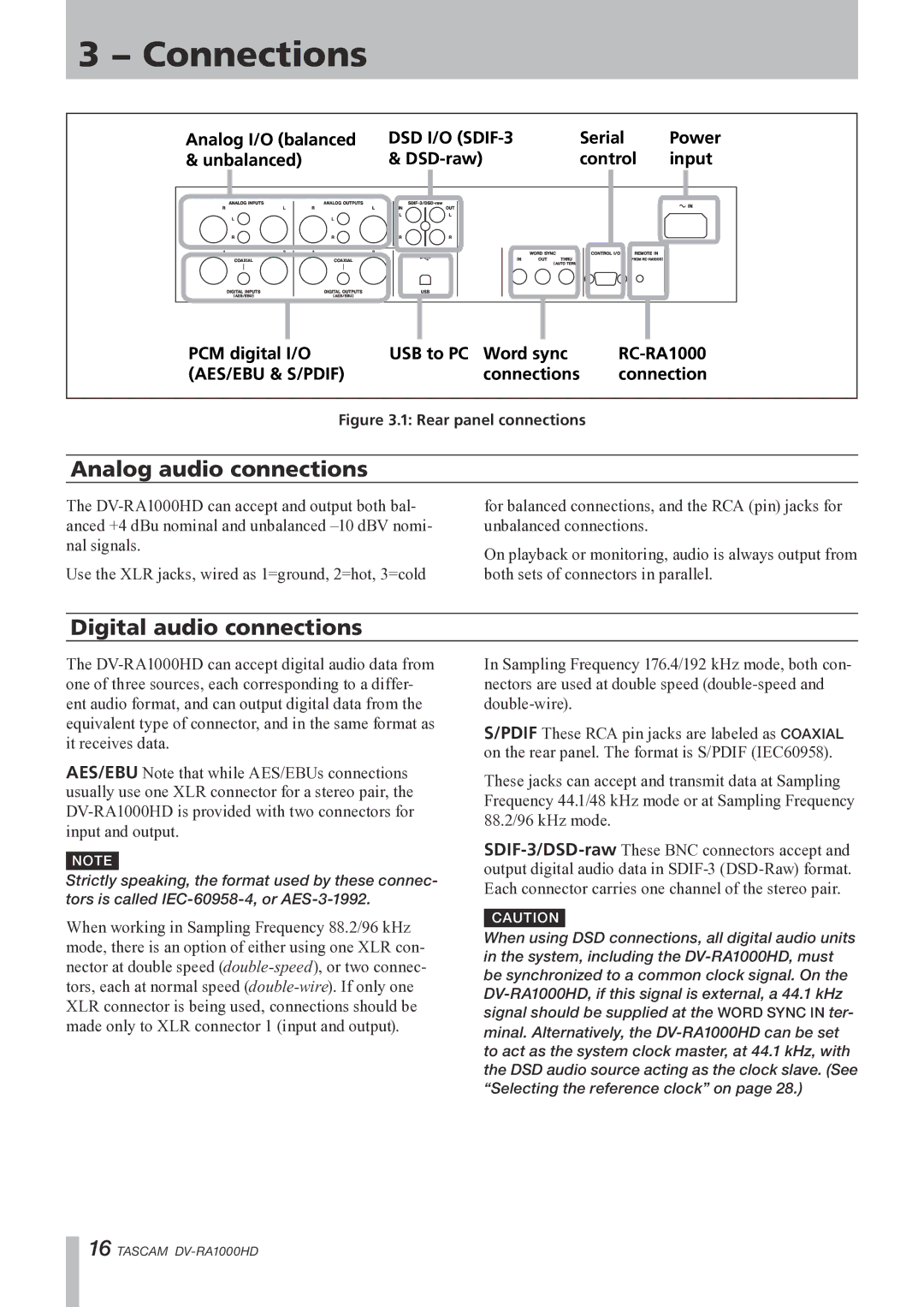 Tascam DV-RA1000HD owner manual Connections, Analog audio connections, Digital audio connections, Power, RC-RA1000 