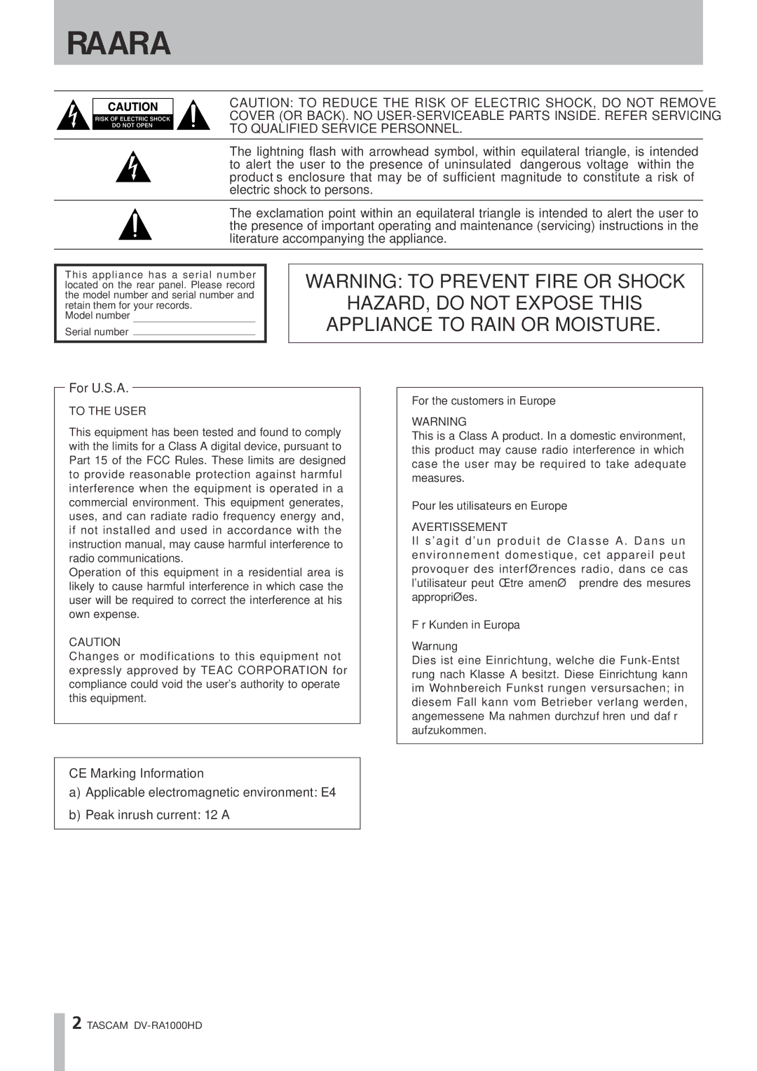 Tascam DV-RA1000HD owner manual Important Safety Precautions 