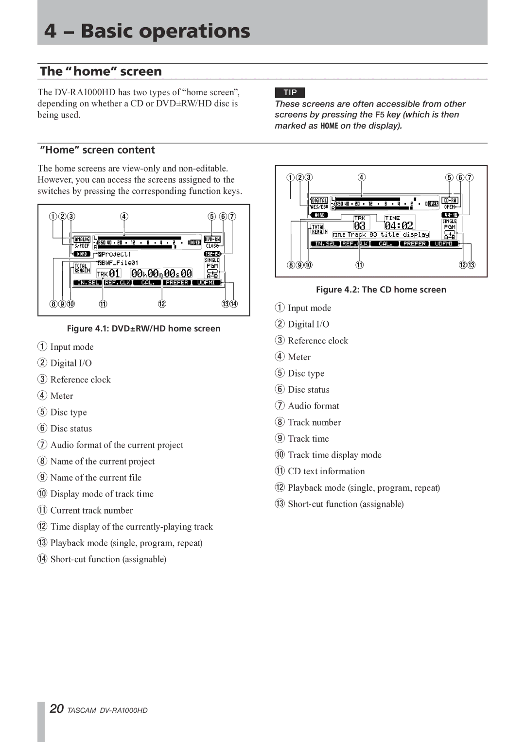 Tascam DV-RA1000HD owner manual Home screen content 