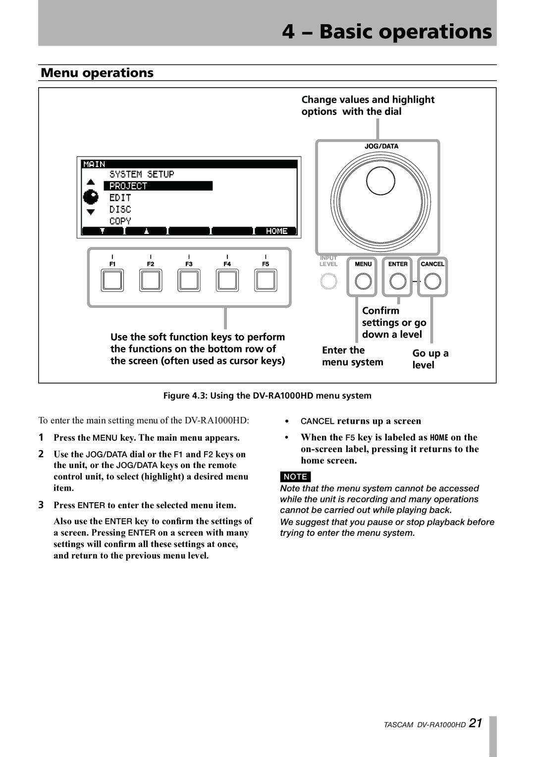 Tascam DV-RA1000HD owner manual Menu operations, Go up a 