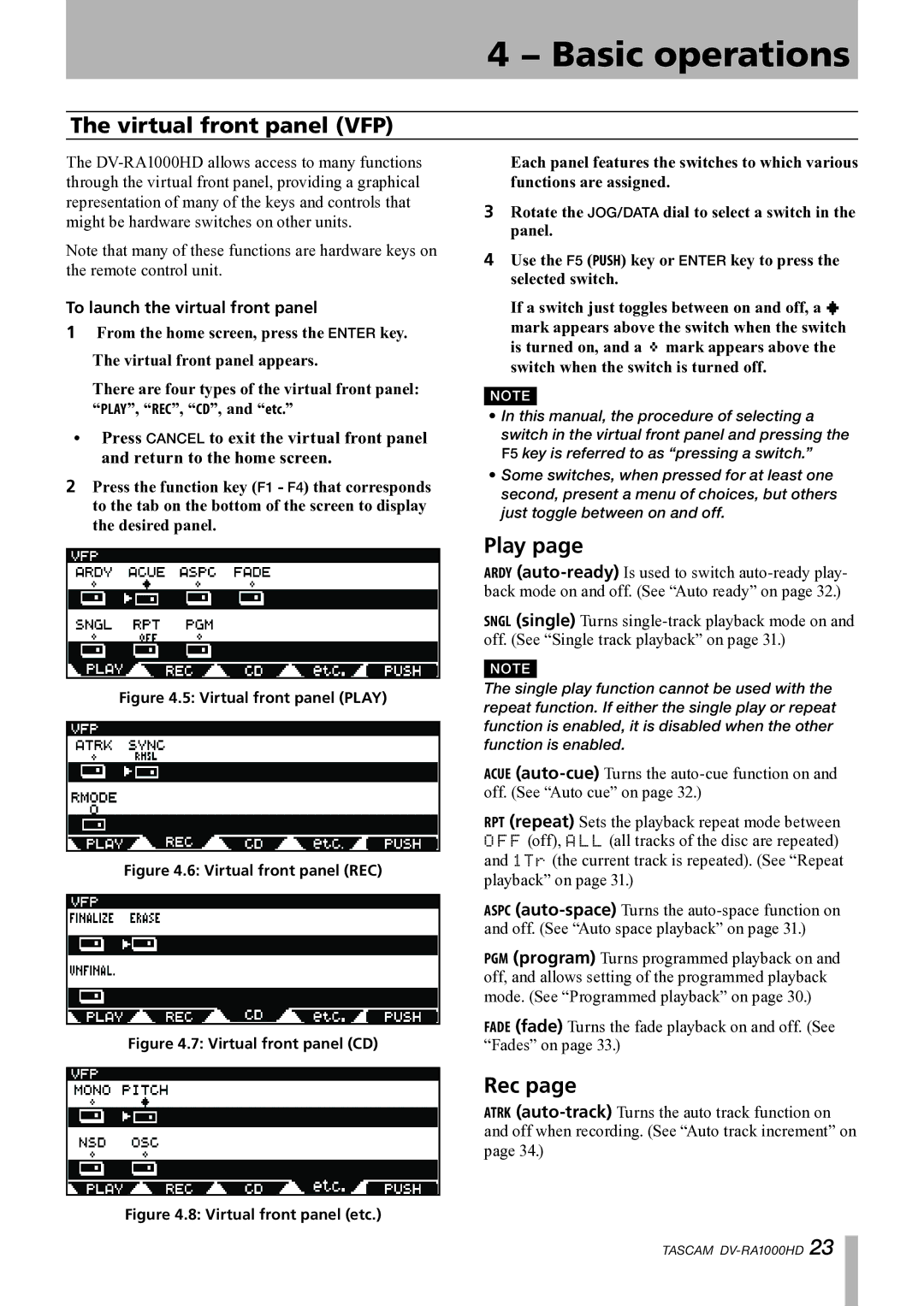 Tascam DV-RA1000HD owner manual Virtual front panel VFP, Play, Rec, To launch the virtual front panel 