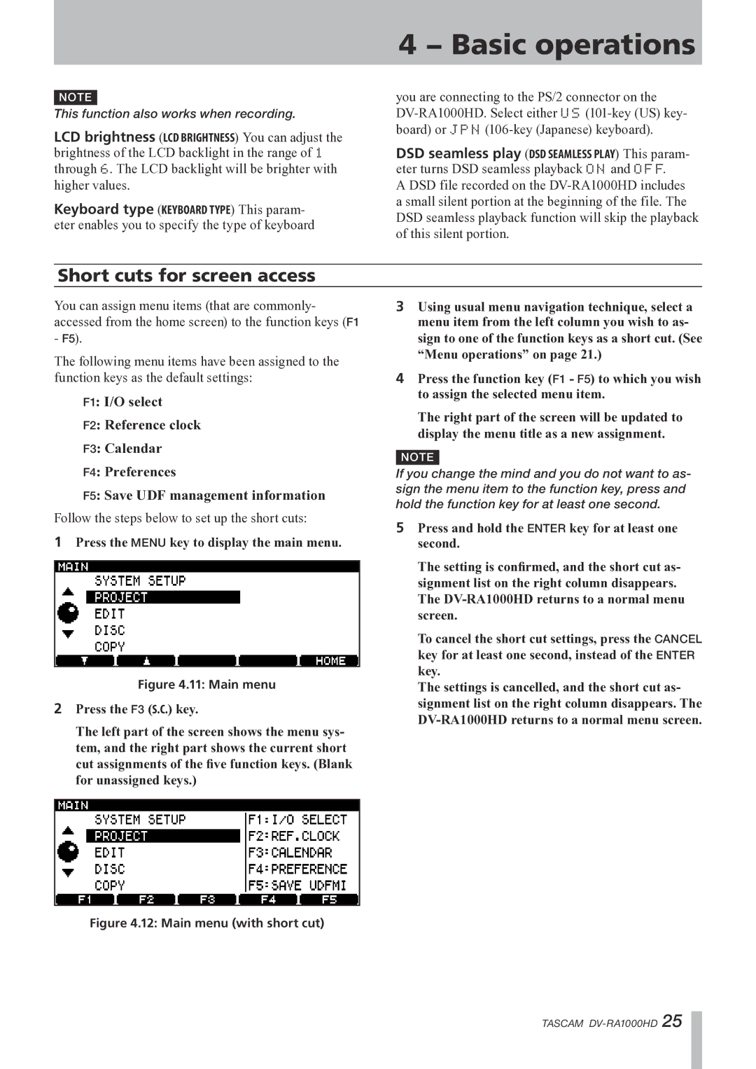 Tascam DV-RA1000HD owner manual Short cuts for screen access, Main menu 