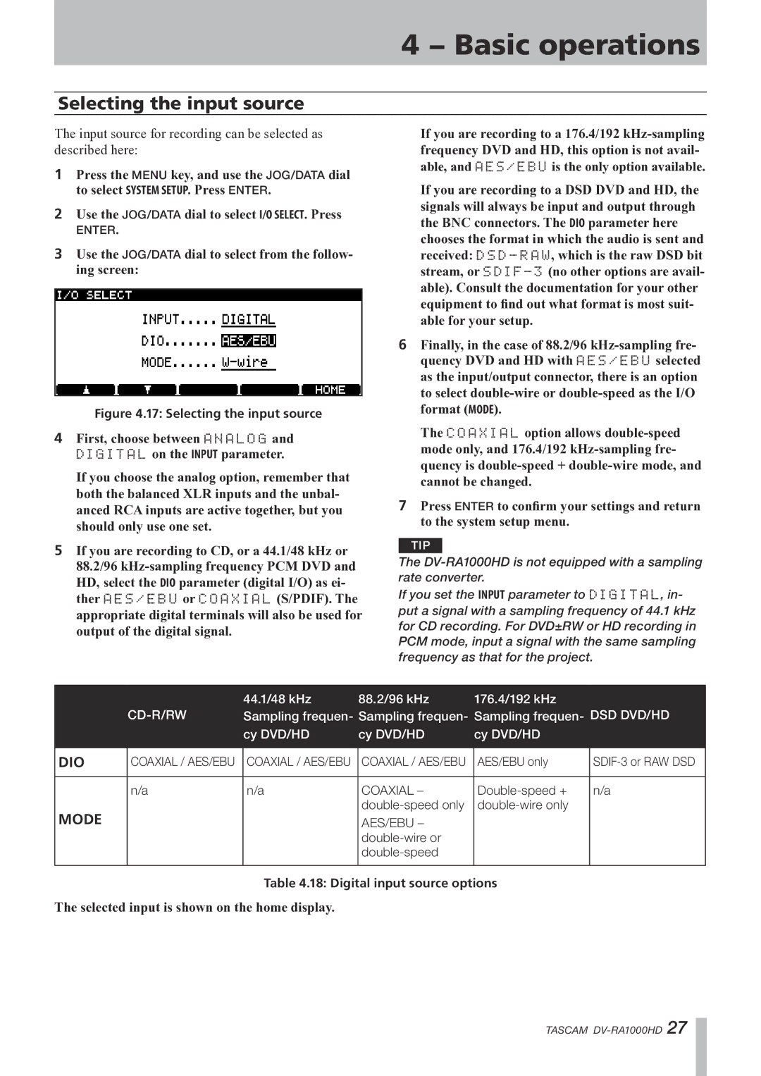 Tascam DV-RA1000HD owner manual Selecting the input source, Mode 