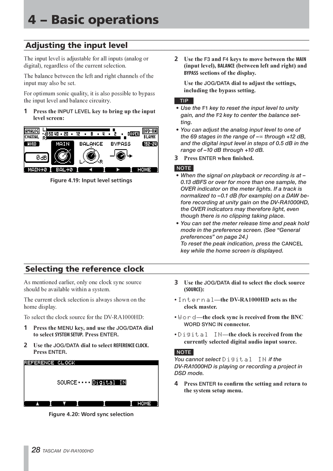 Tascam DV-RA1000HD owner manual Adjusting the input level, Selecting the reference clock 