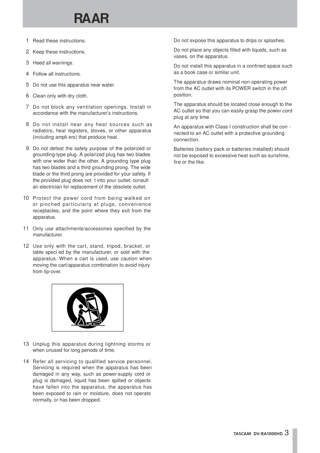 Tascam DV-RA1000HD owner manual Important Safety Instructions 