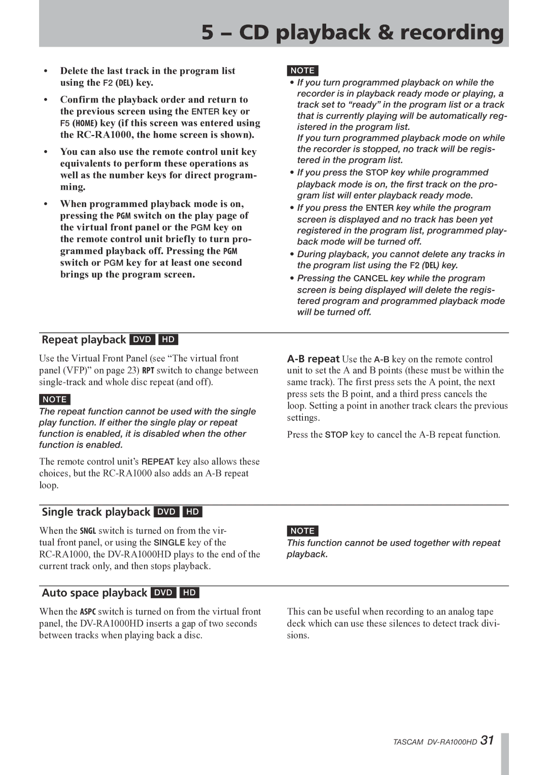 Tascam DV-RA1000HD owner manual Repeat playback DVD HD, Single track playback DVD HD, Auto space playback DVD HD 