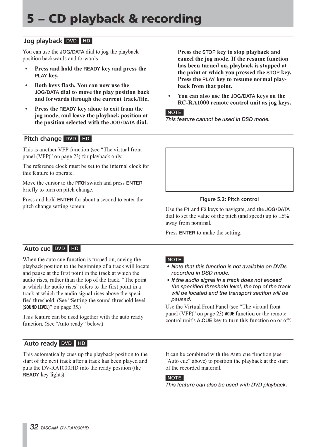 Tascam DV-RA1000HD owner manual Jog playback DVD HD, Pitch change DVD HD, Auto cue DVD HD, Auto ready DVD HD 