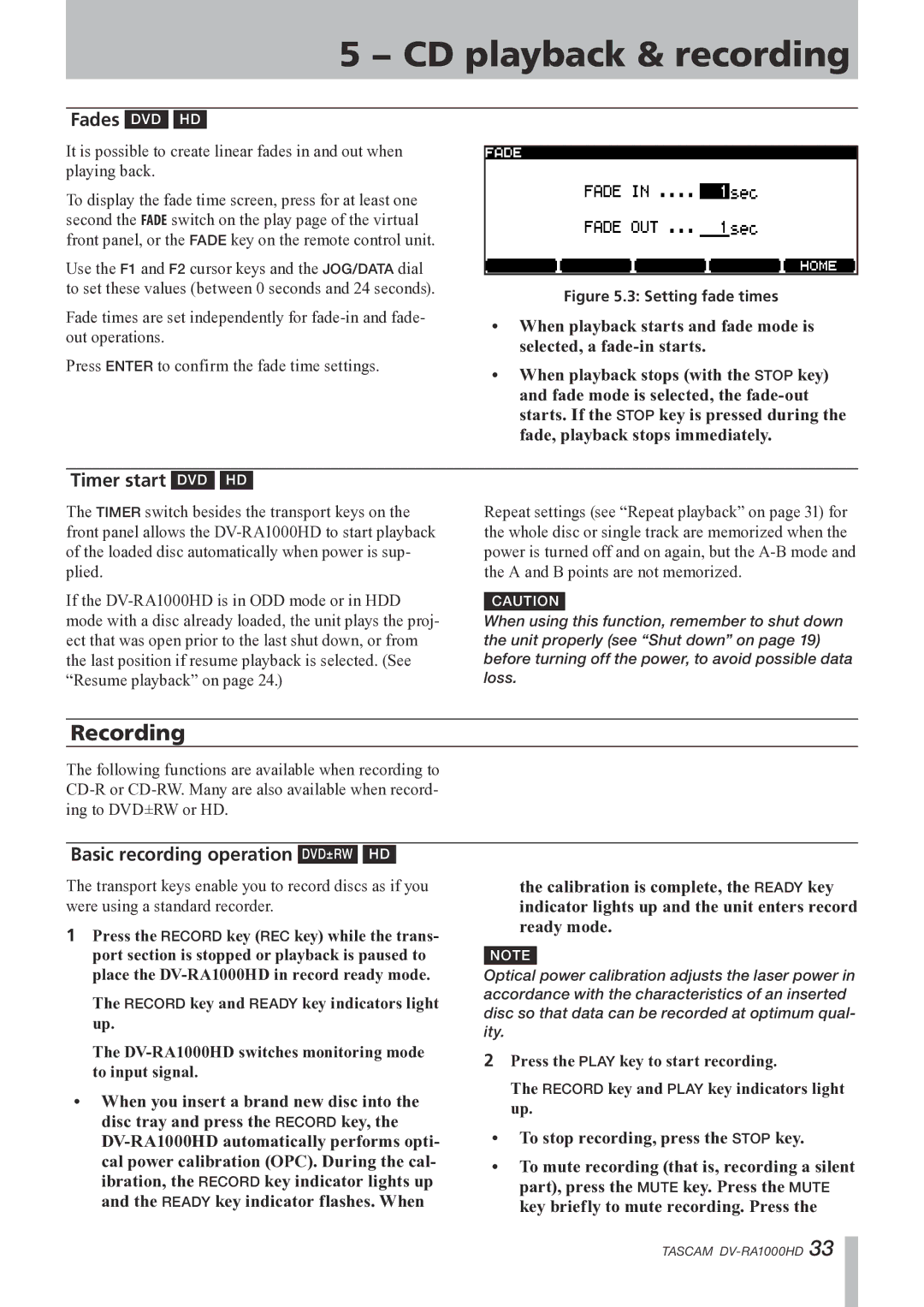 Tascam DV-RA1000HD owner manual Recording, Fades DVD HD, Timer start DVD HD, Basic recording operation DVD±RW HD 