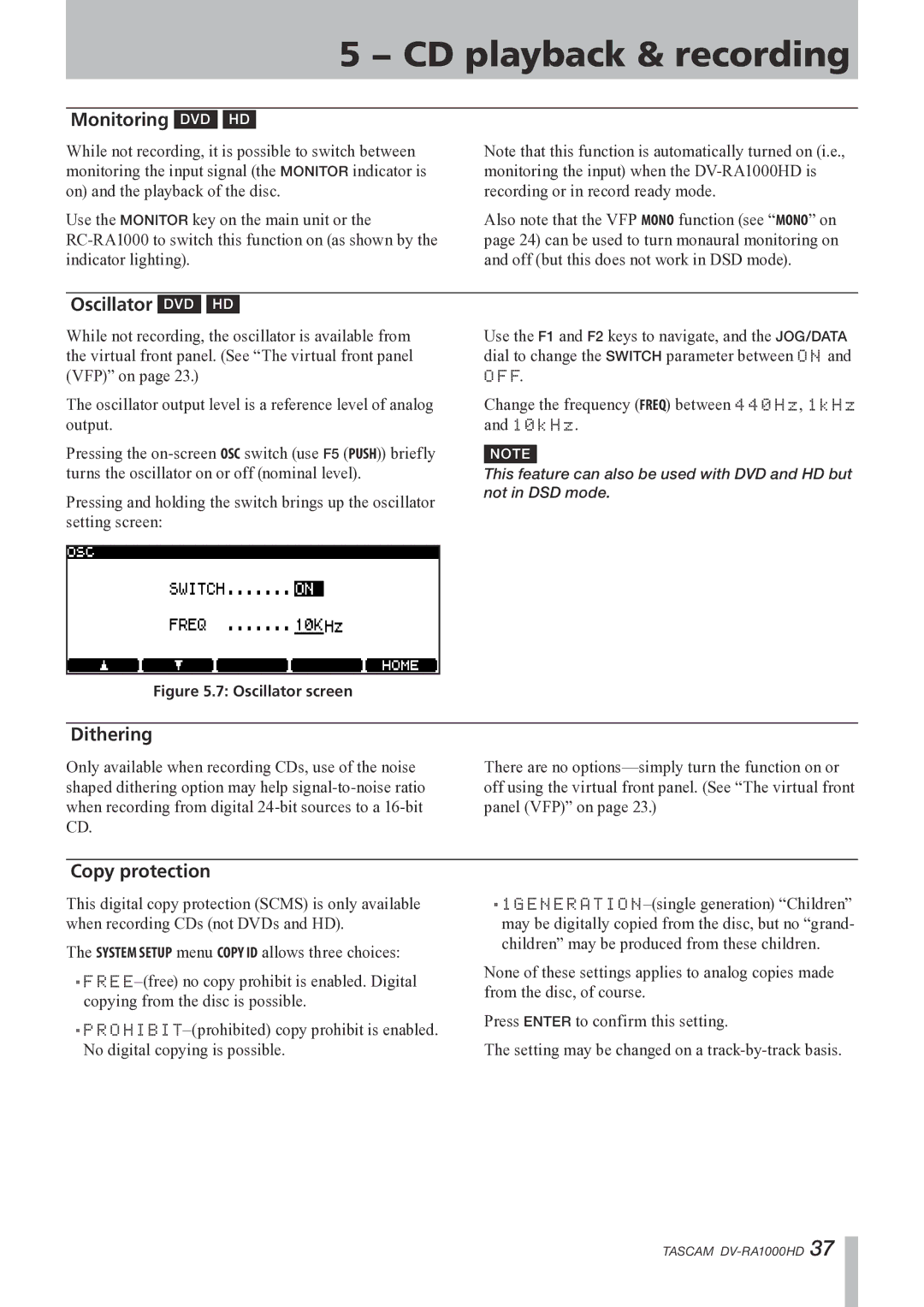 Tascam DV-RA1000HD owner manual Monitoring DVD HD, Oscillator DVD HD, Dithering, Copy protection 