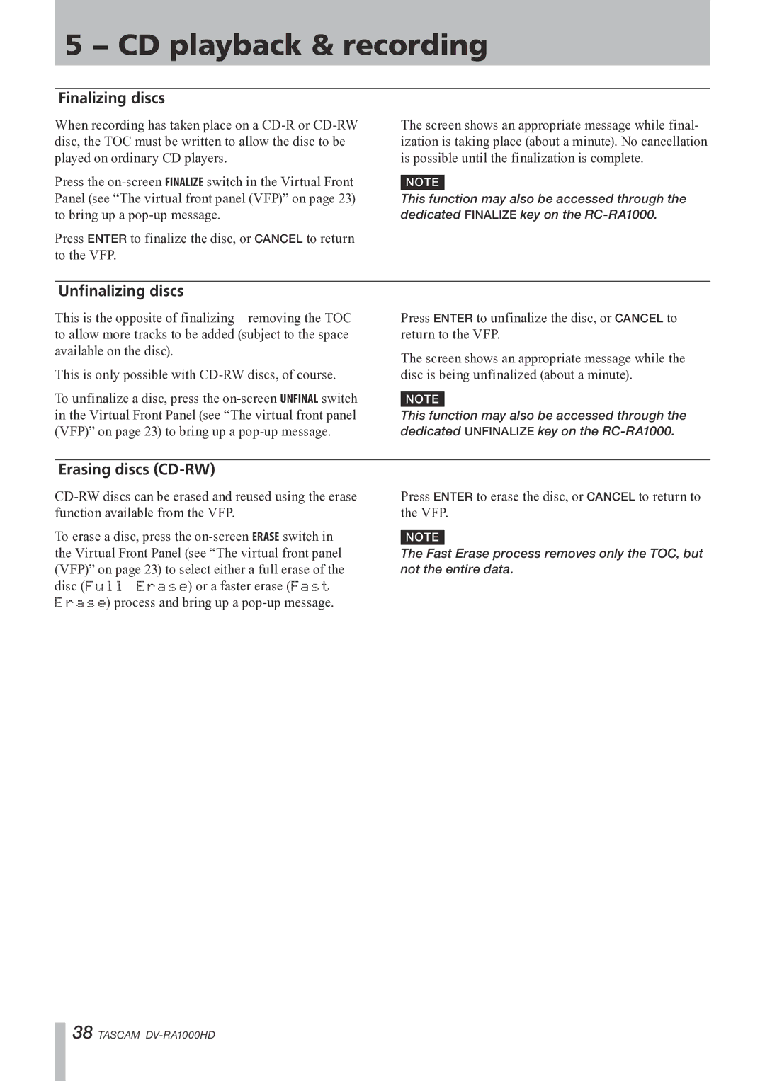 Tascam DV-RA1000HD owner manual Finalizing discs, Unfinalizing discs, Erasing discs CD-RW 