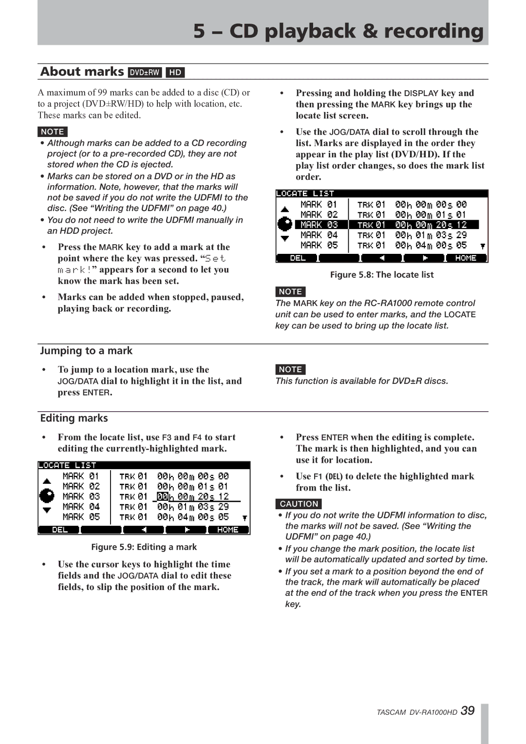 Tascam DV-RA1000HD owner manual About marks DVD±RW HD, Jumping to a mark, Editing marks 