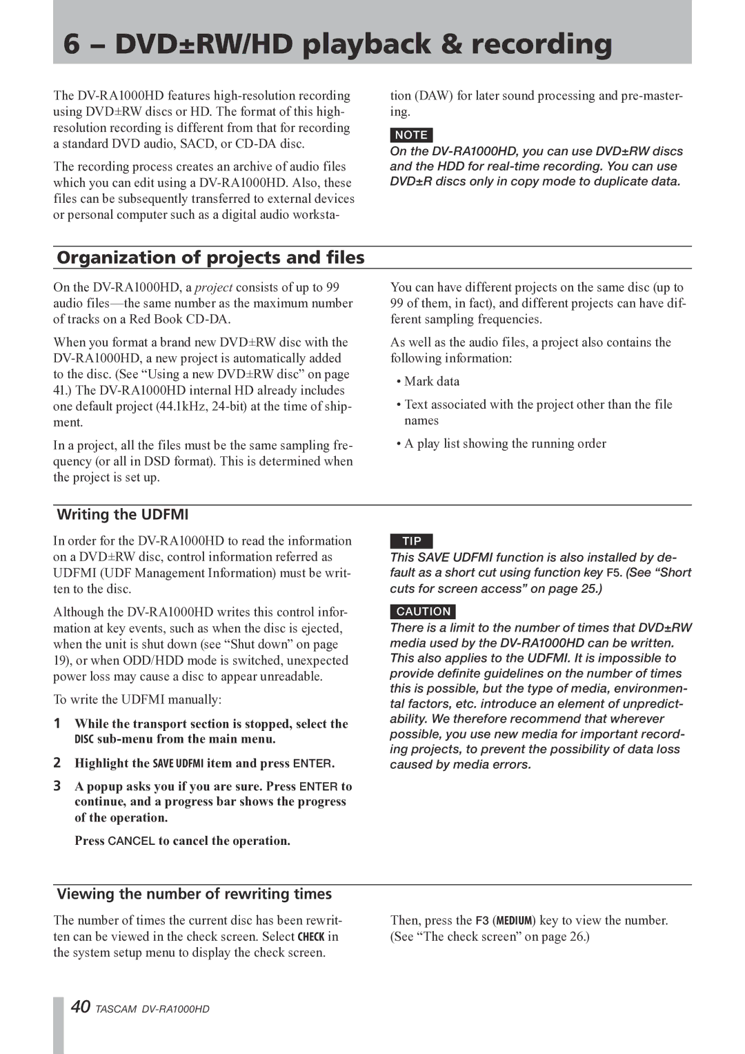 Tascam DV-RA1000HD owner manual DVD±RW/HD playback & recording, Organization of projects and files, Writing the Udfmi 