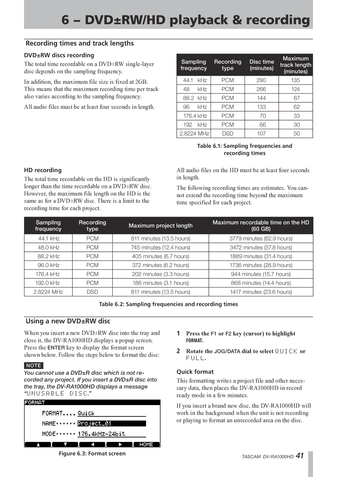 Tascam DV-RA1000HD Recording times and track lengths, Using a new DVD±RW disc, DVD±RW discs recording, HD recording 