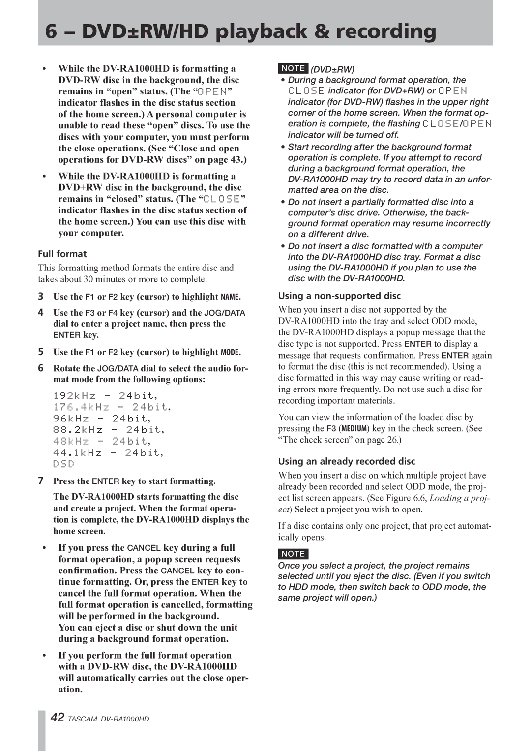 Tascam DV-RA1000HD owner manual Full format, Using a non-supported disc, Using an already recorded disc 