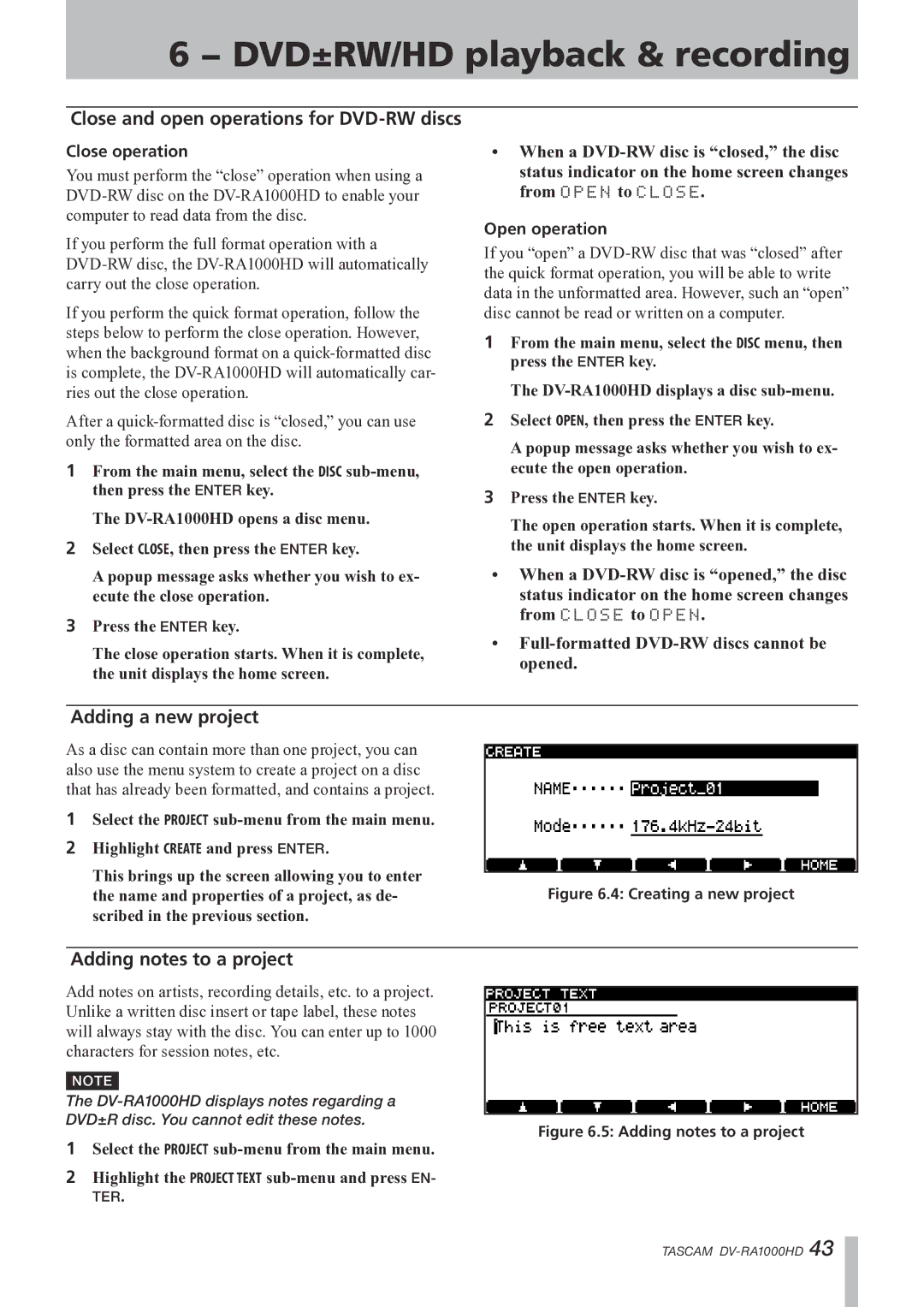 Tascam DV-RA1000HD owner manual Close and open operations for DVD-RW discs, Adding a new project, Adding notes to a project 