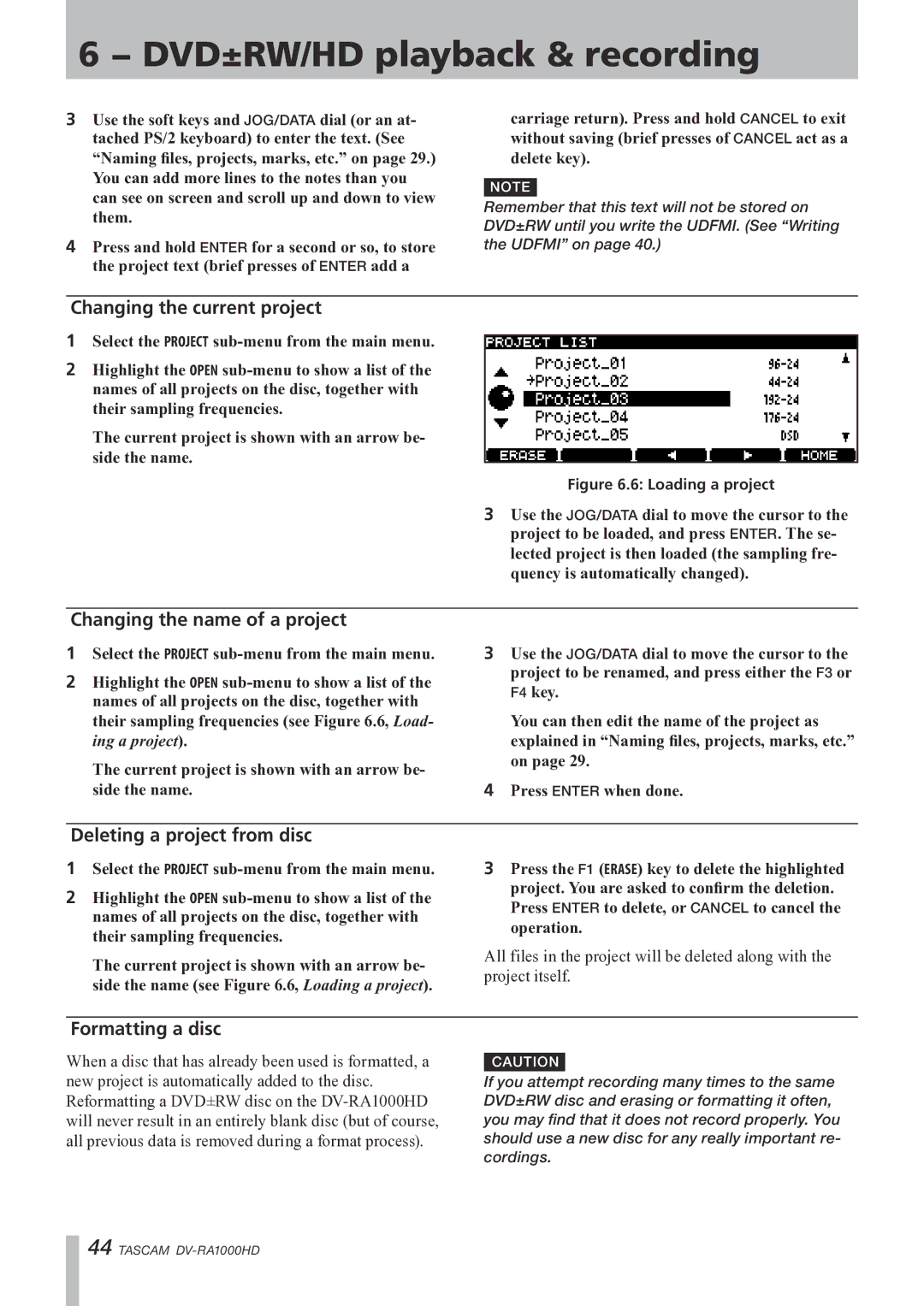 Tascam DV-RA1000HD owner manual Changing the current project, Changing the name of a project, Deleting a project from disc 