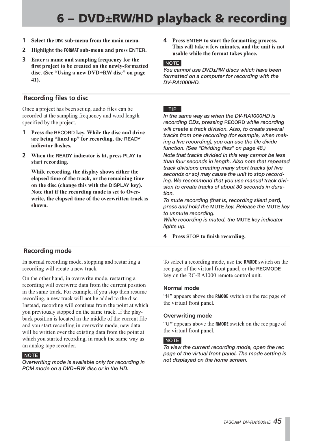 Tascam DV-RA1000HD owner manual Recording files to disc, Recording mode, Normal mode, Overwriting mode 