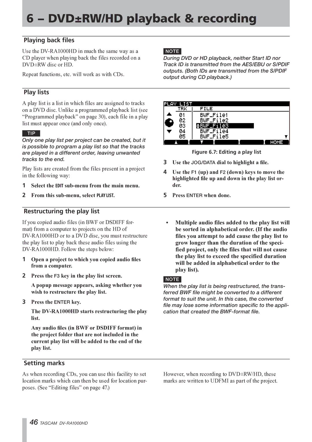 Tascam DV-RA1000HD owner manual Playing back files, Play lists, Restructuring the play list, Setting marks 