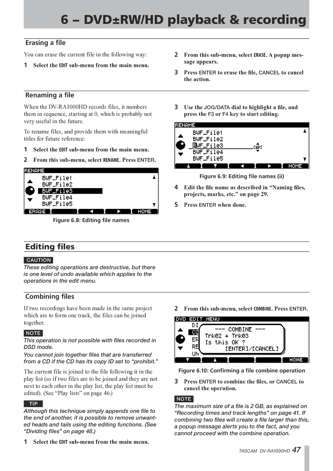 Tascam DV-RA1000HD owner manual Editing files, Erasing a file, Renaming a file, Combining files 