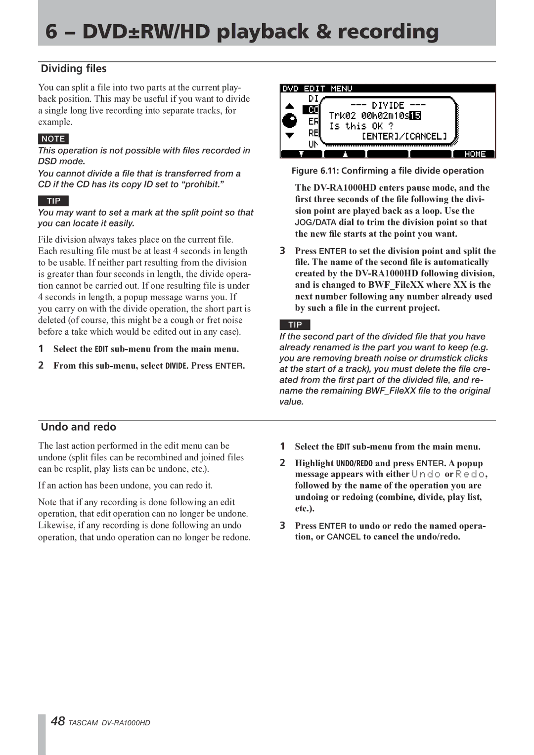 Tascam DV-RA1000HD owner manual Dividing files, Undo and redo 