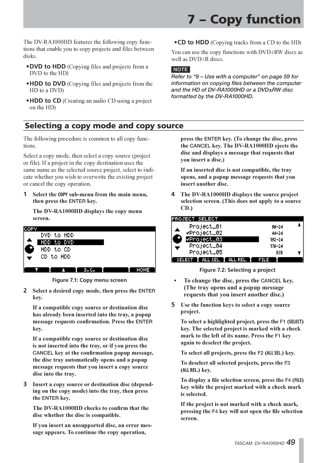 Tascam DV-RA1000HD owner manual Copy function, Selecting a copy mode and copy source 