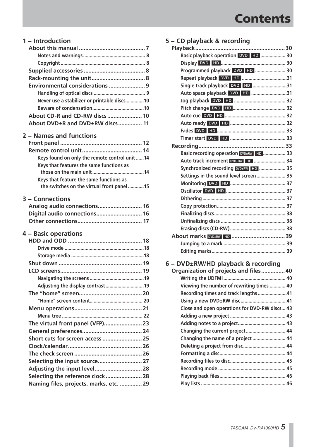 Tascam DV-RA1000HD owner manual Contents 