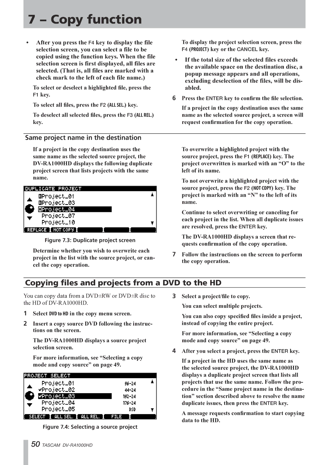 Tascam DV-RA1000HD owner manual Copying files and projects from a DVD to the HD, Same project name in the destination 