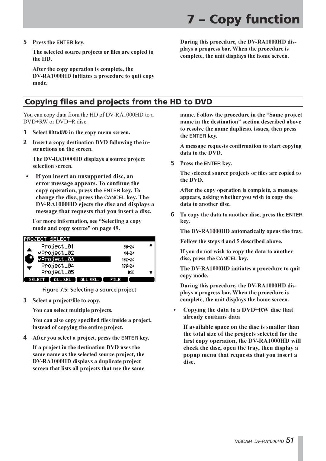 Tascam DV-RA1000HD owner manual Copying files and projects from the HD to DVD 