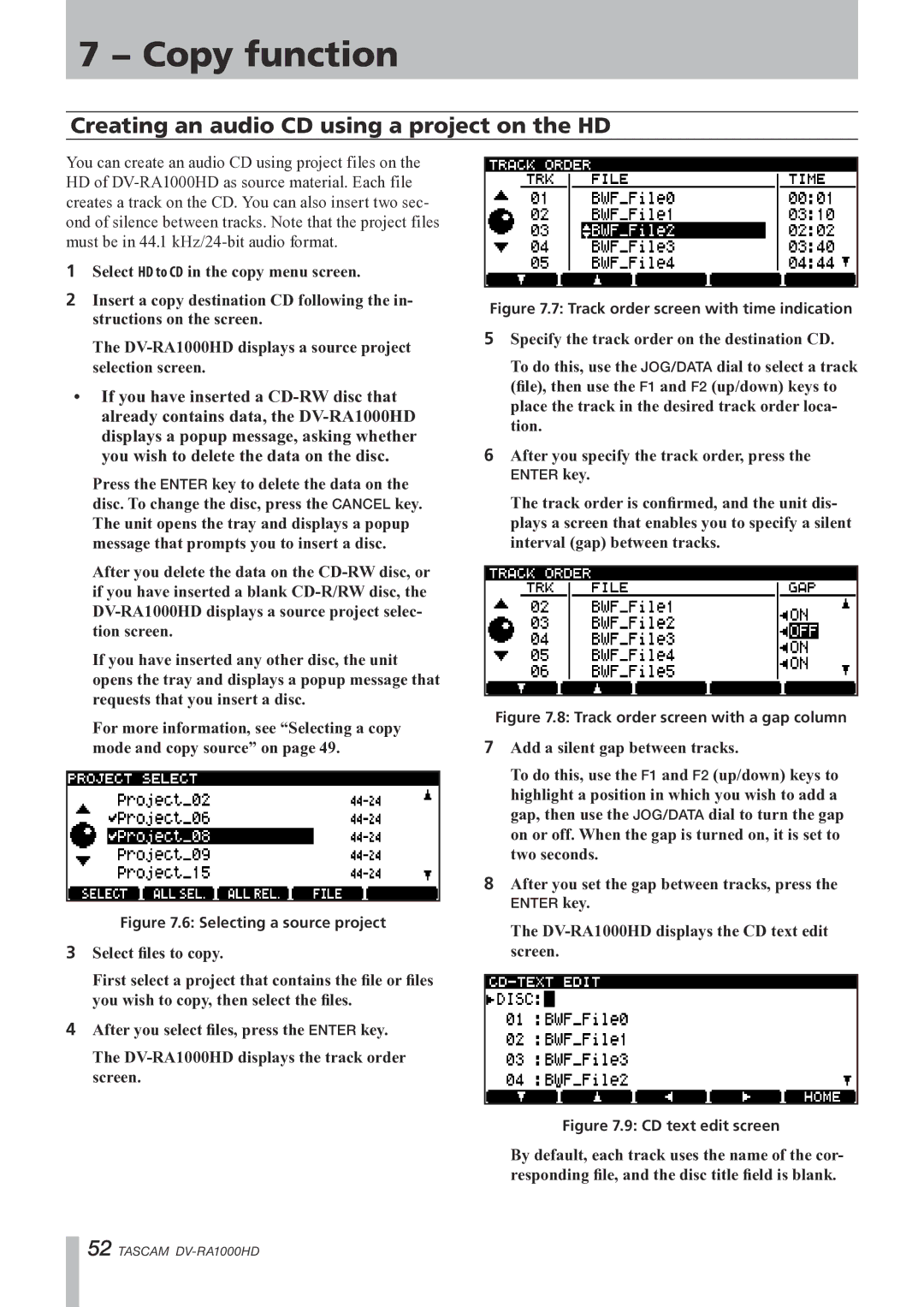 Tascam owner manual Creating an audio CD using a project on the HD, DV-RA1000HD displays the CD text edit screen 