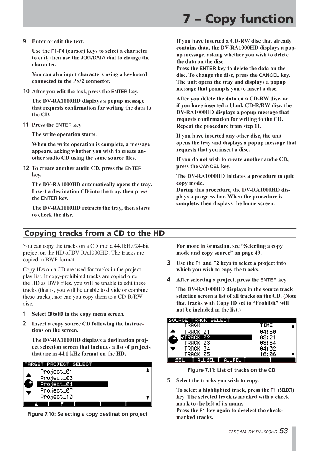 Tascam DV-RA1000HD owner manual Copying tracks from a CD to the HD, Selecting a copy destination project 