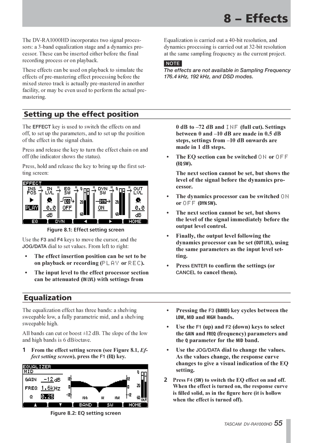 Tascam DV-RA1000HD owner manual Effects, Setting up the effect position, Equalization 