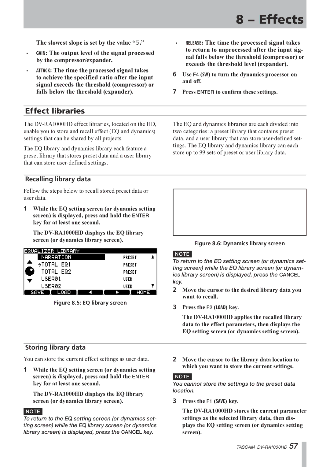 Tascam DV-RA1000HD owner manual Effect libraries, Recalling library data, Storing library data 