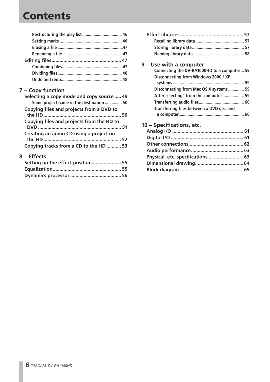 Tascam DV-RA1000HD owner manual Copy function, Effects, Use with a computer, 10 − Specifications, etc 