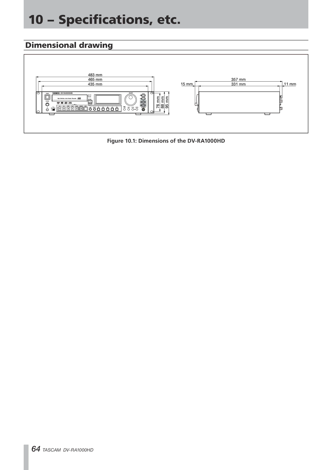 Tascam owner manual Dimensional drawing, Dimensions of the DV-RA1000HD 