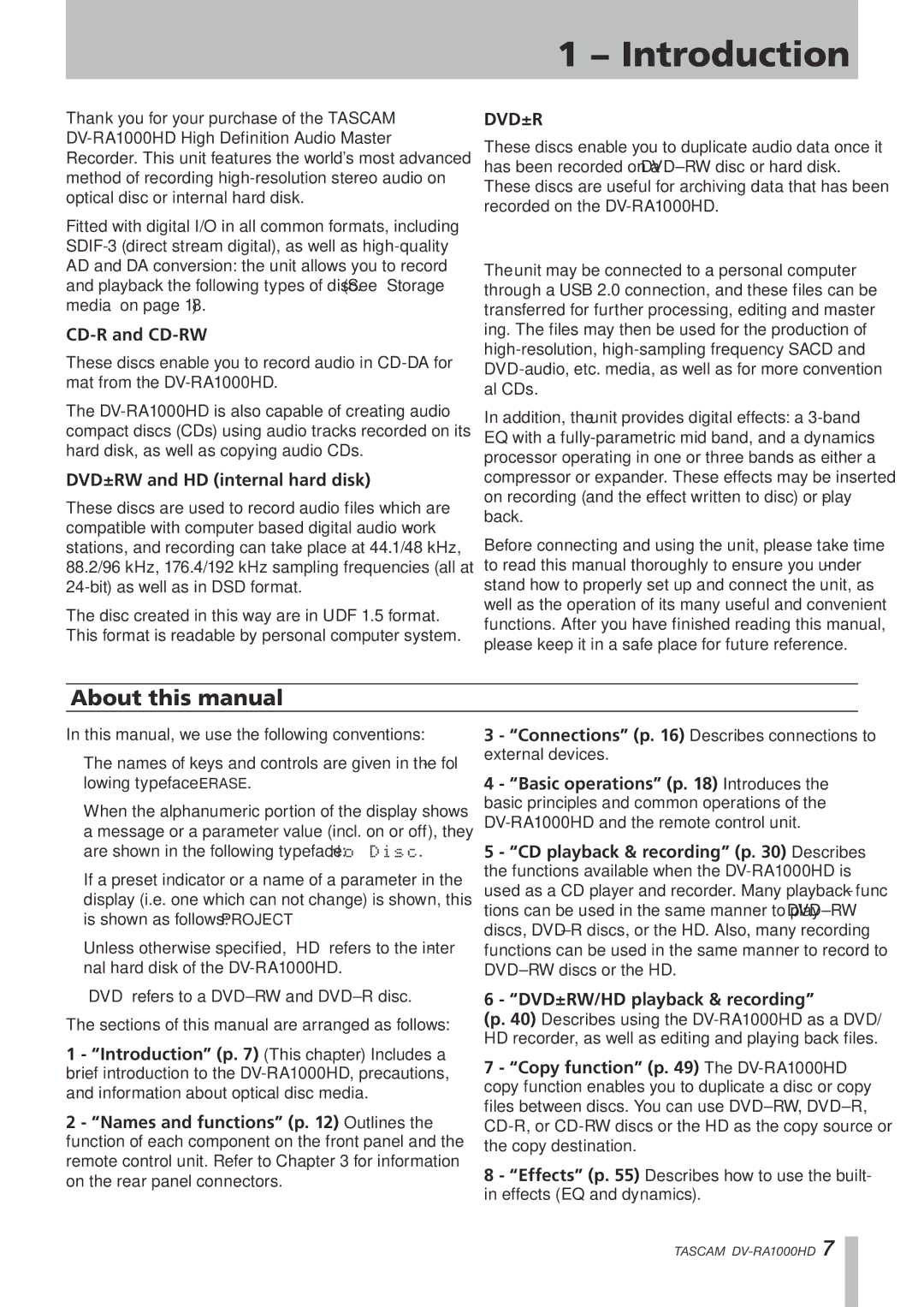 Tascam DV-RA1000HD owner manual Introduction, About this manual 