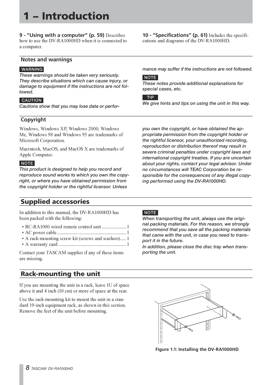 Tascam DV-RA1000HD owner manual Supplied accessories, Rack-mounting the unit, Copyright 