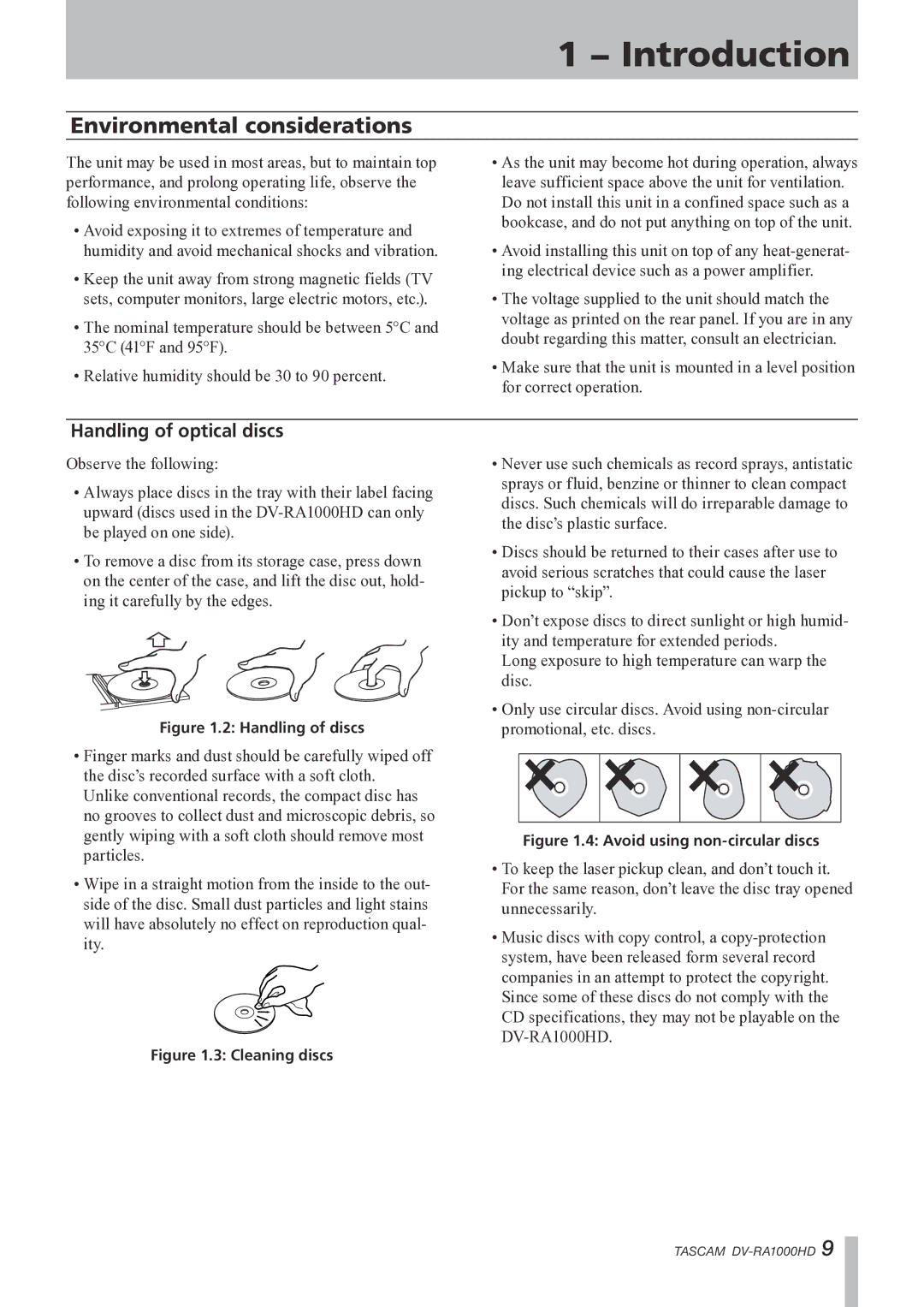 Tascam DV-RA1000HD owner manual Environmental considerations, Handling of optical discs 