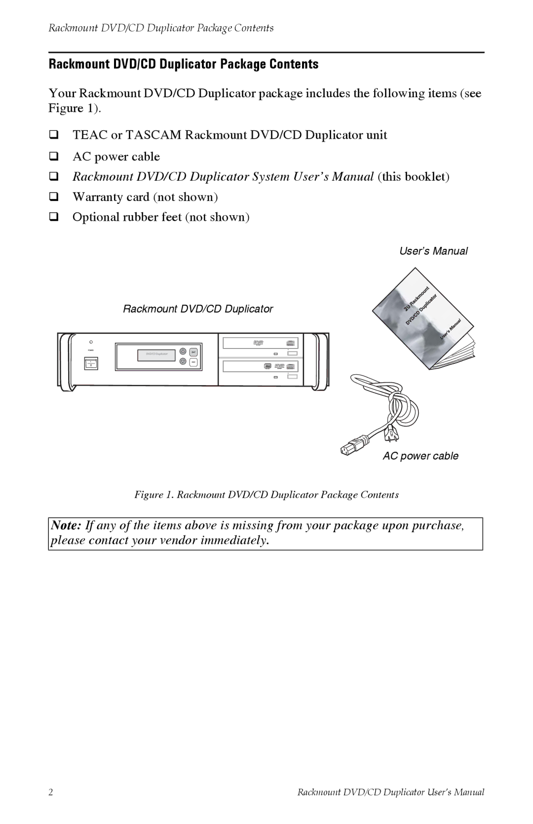 Tascam DV-W11R user manual Rackmount DVD/CD Duplicator Package Contents 