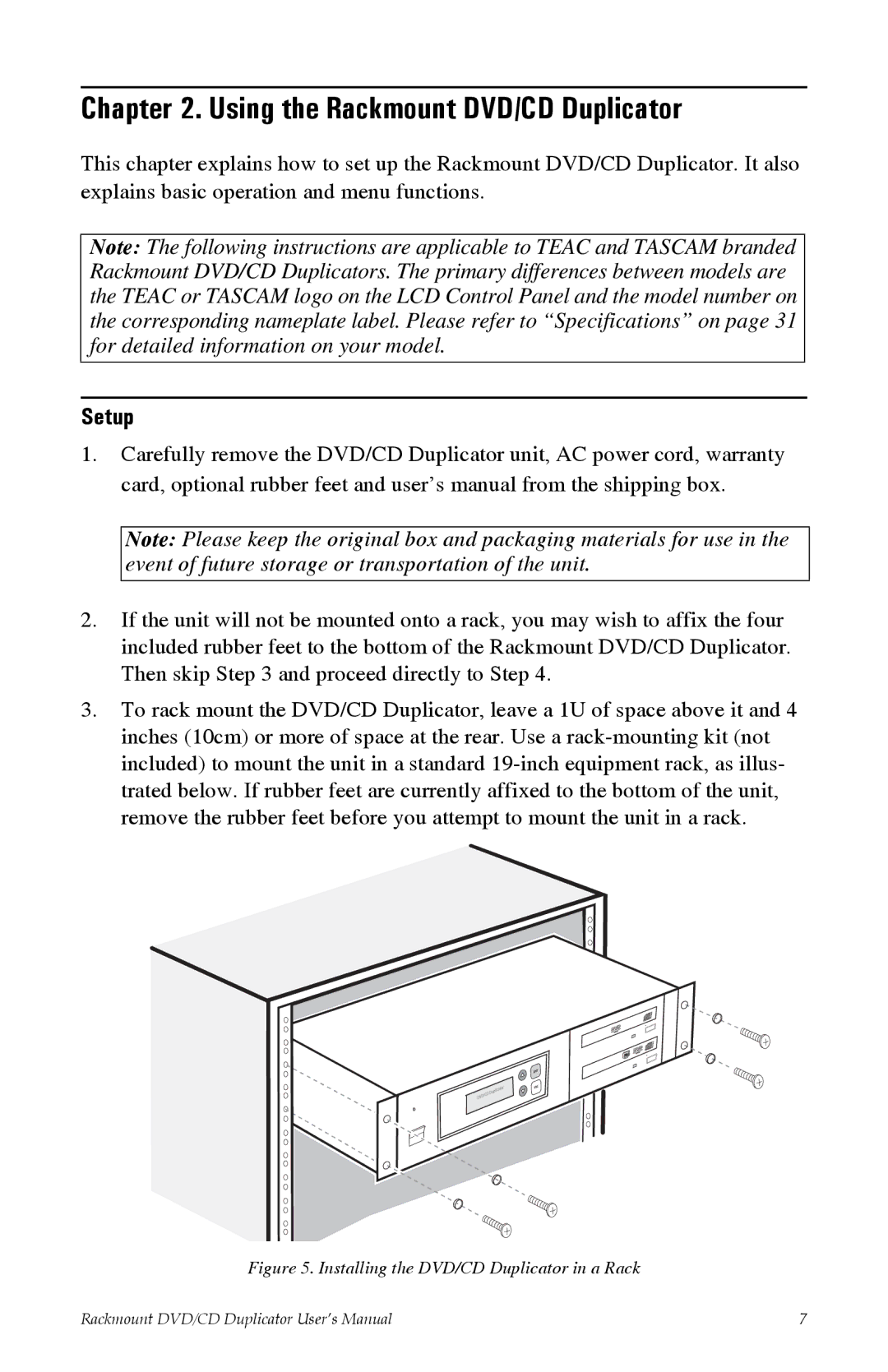 Tascam DV-W11R user manual Using the Rackmount DVD/CD Duplicator, Setup 