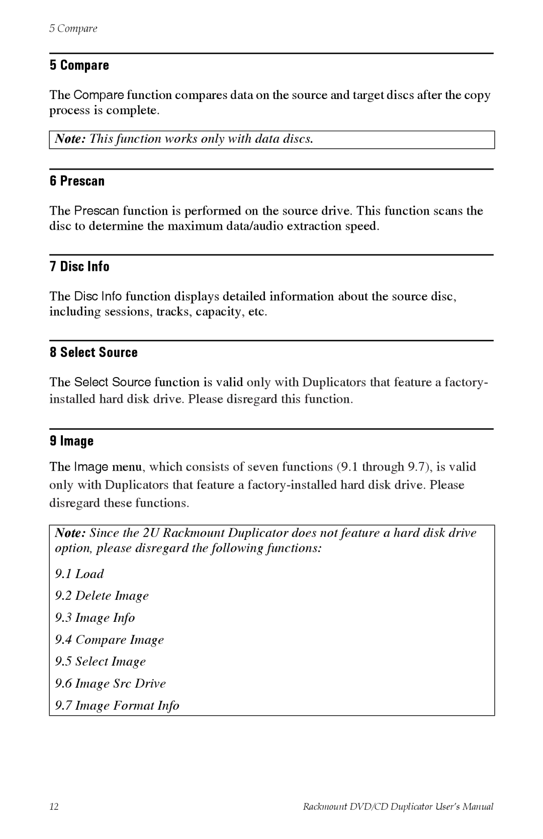 Tascam DV-W11R user manual Compare, Prescan, Disc Info, Select Source, Image 