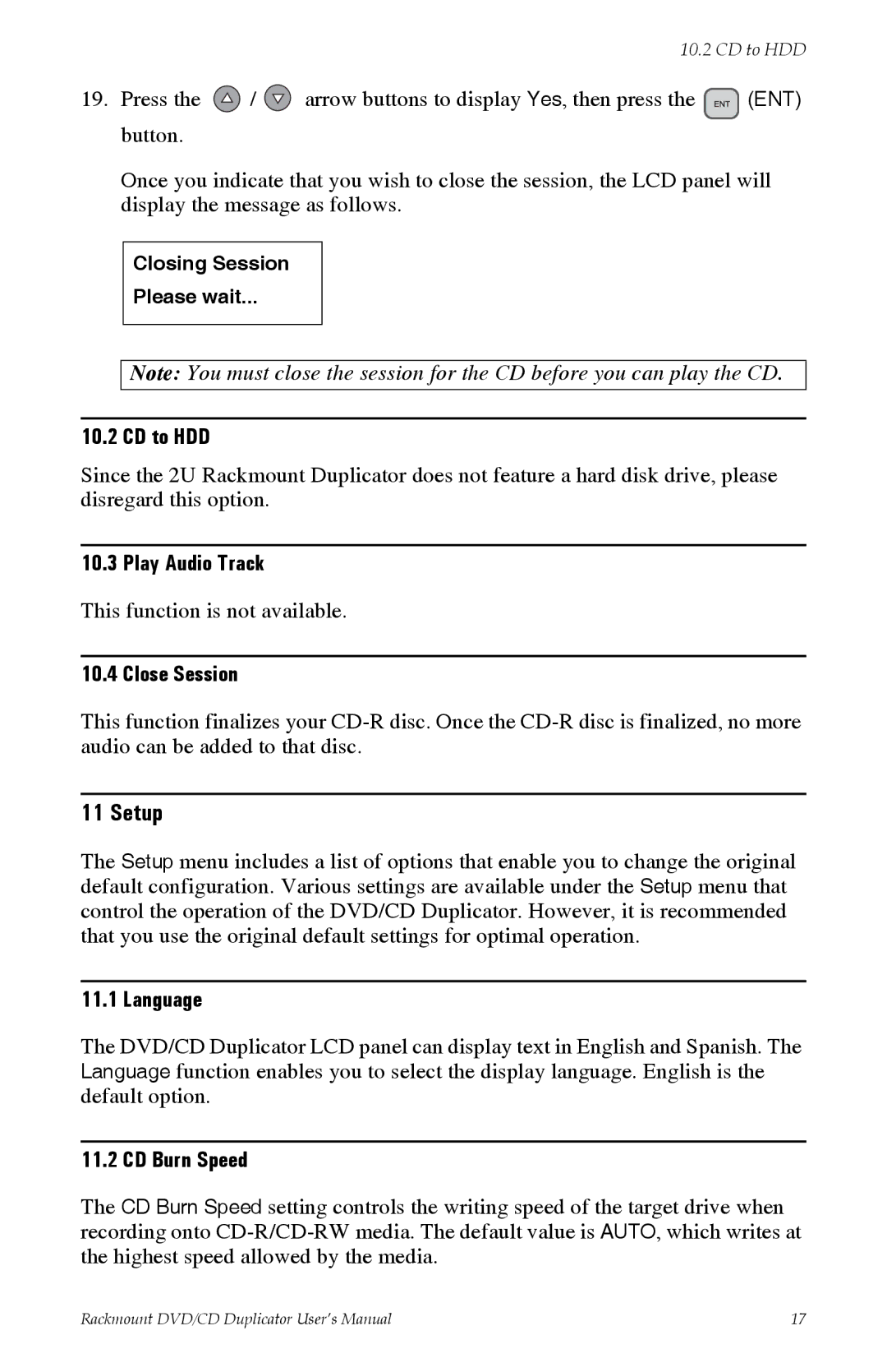 Tascam DV-W11R user manual CD to HDD, Play Audio Track, Close Session, Language, CD Burn Speed 