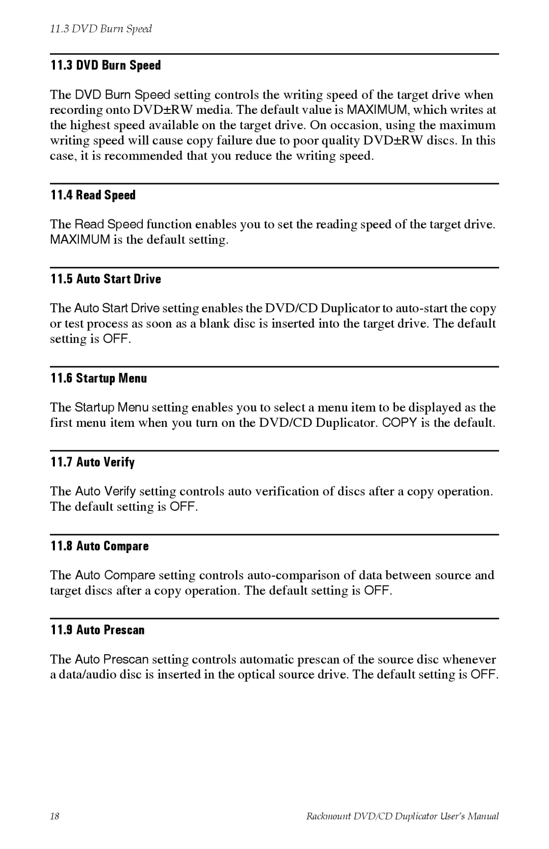 Tascam DV-W11R DVD Burn Speed, Read Speed, Auto Start Drive, Startup Menu, Auto Verify, Auto Compare, Auto Prescan 