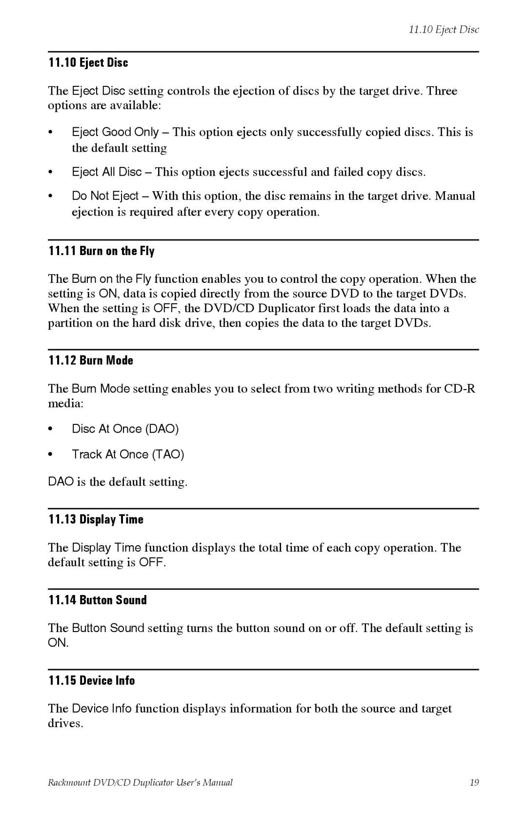 Tascam DV-W11R user manual Eject Disc, Burn on the Fly, Burn Mode, Display Time, Button Sound, Device Info 