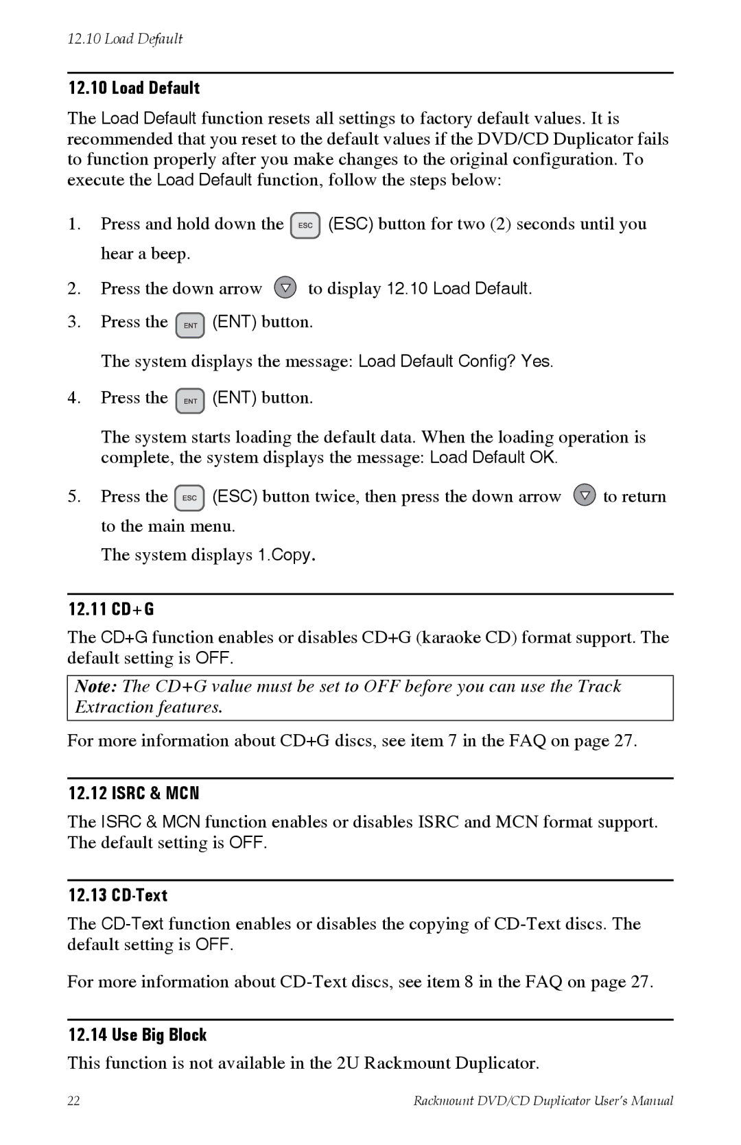 Tascam DV-W11R user manual Load Default, 12.11 CD+G, Isrc & MCN, CD-Text, Use Big Block 