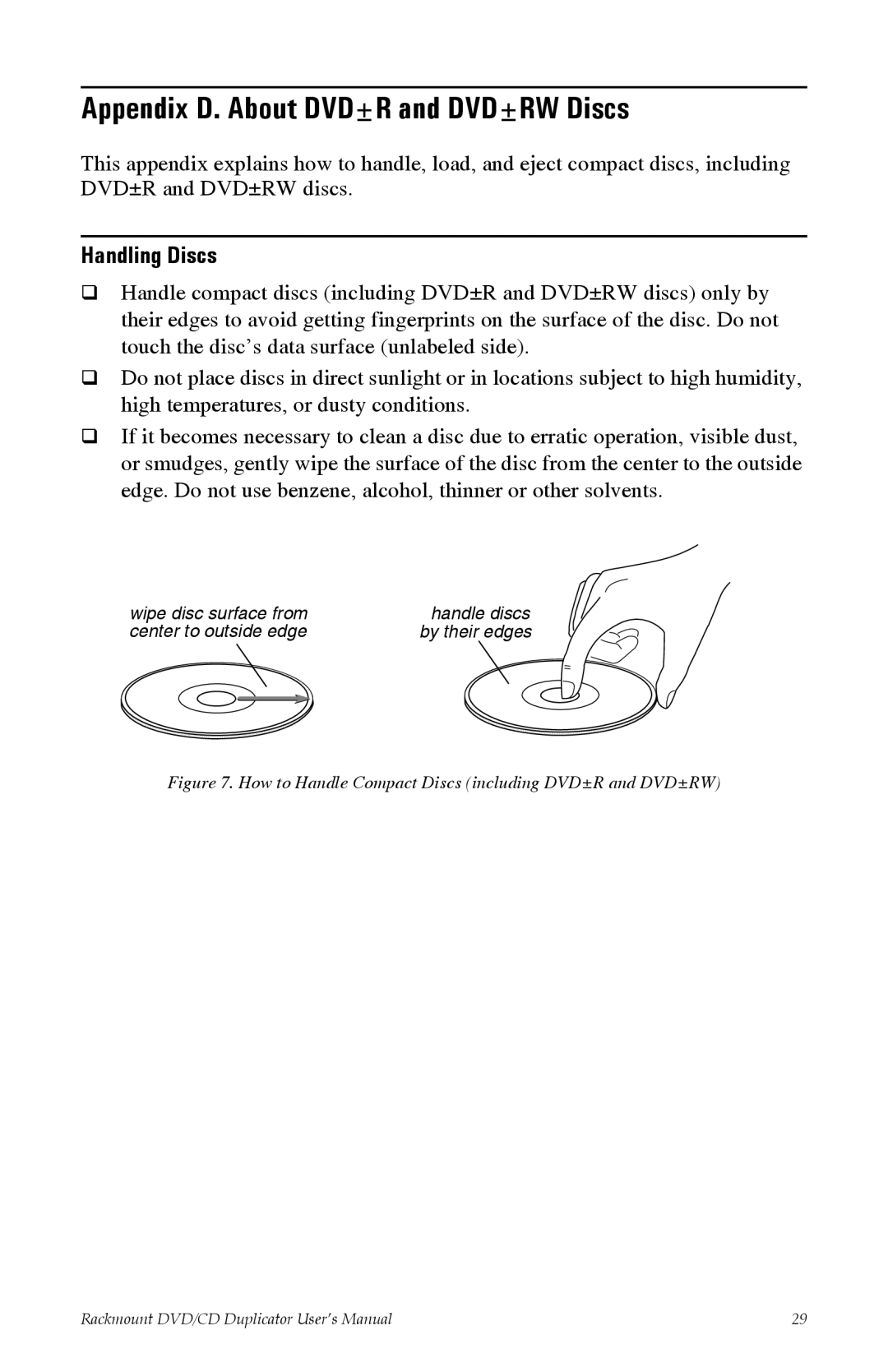 Tascam DV-W11R user manual Appendix D. About DVD±R and DVD±RW Discs, Handling Discs 