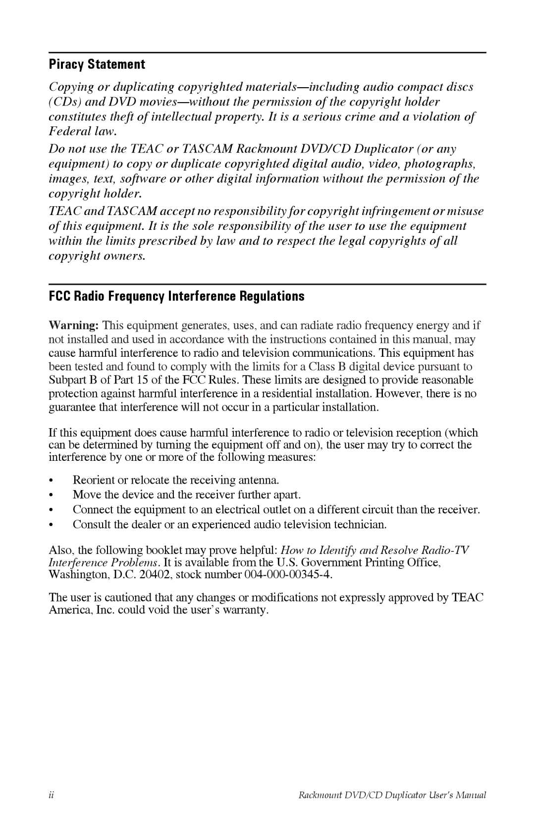 Tascam DV-W11R user manual Piracy Statement, FCC Radio Frequency Interference Regulations 