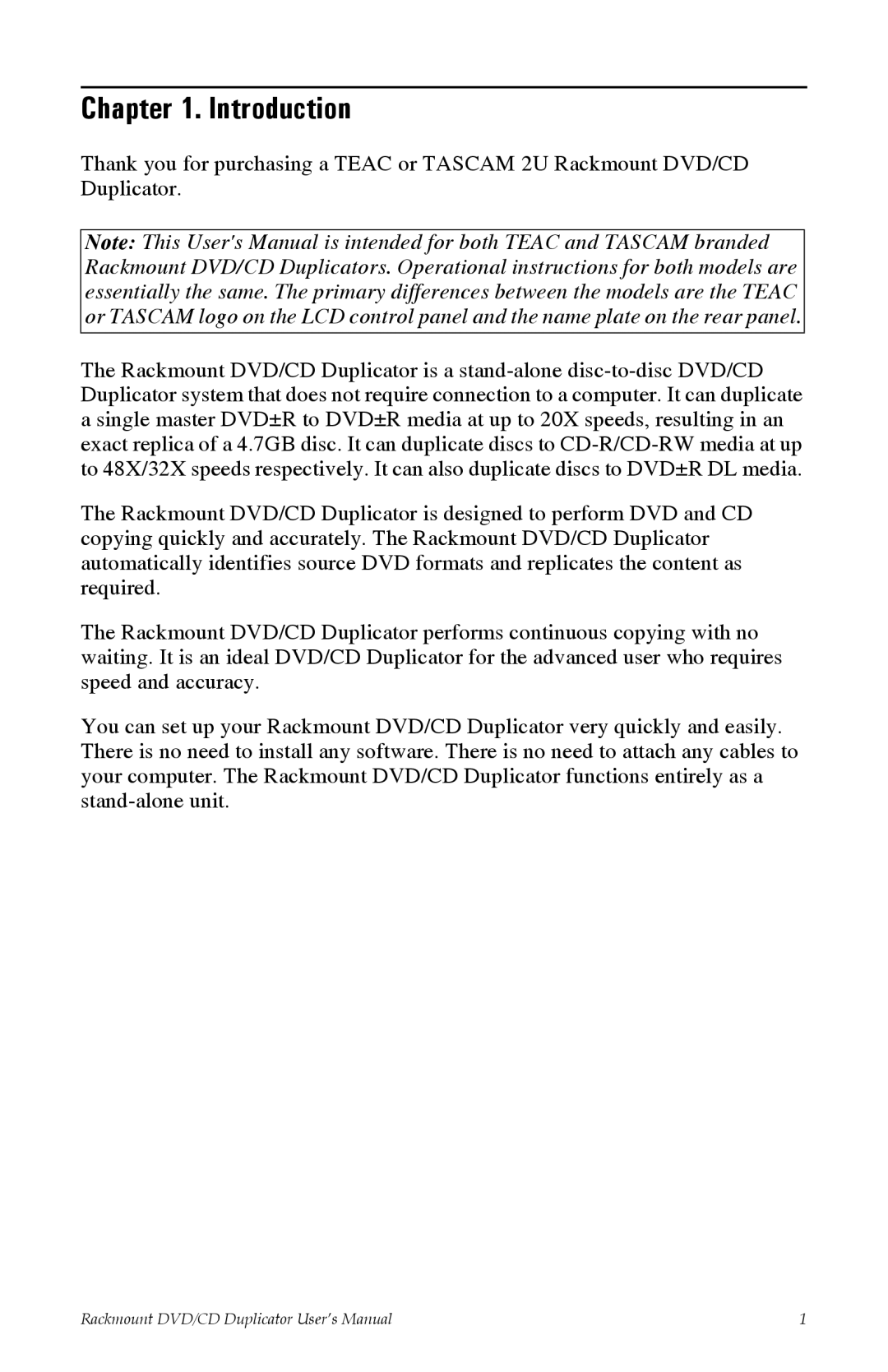 Tascam DV-W11R user manual Introduction 