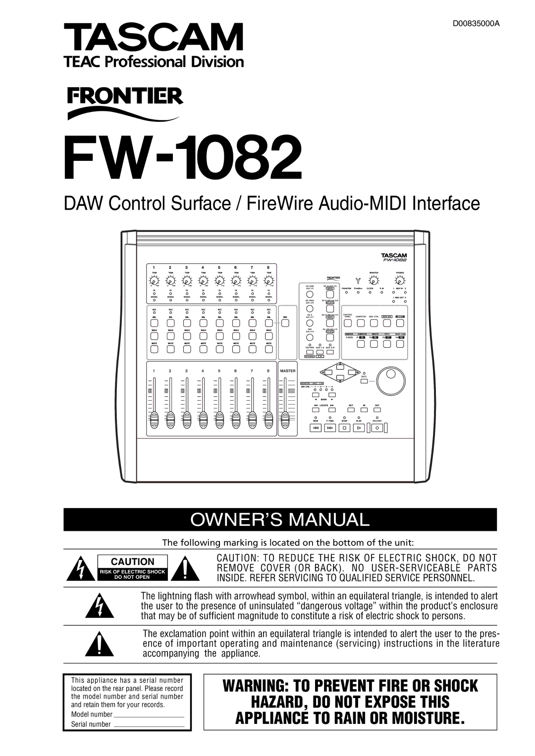 Tascam FW-1082 owner manual DAW Control Surface / FireWire Audio-MIDI Interface 