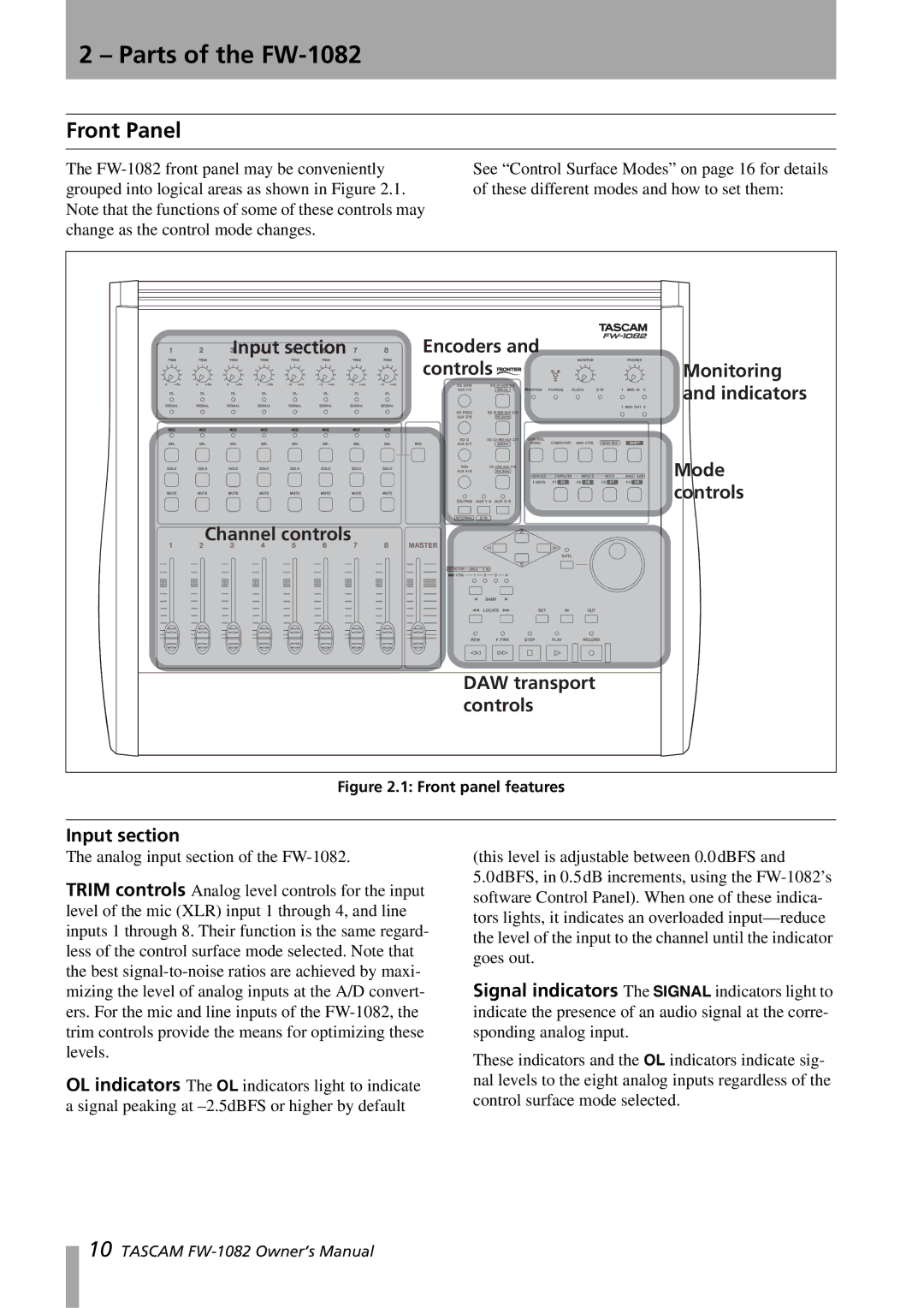 Tascam owner manual Parts of the FW-1082, Front Panel 