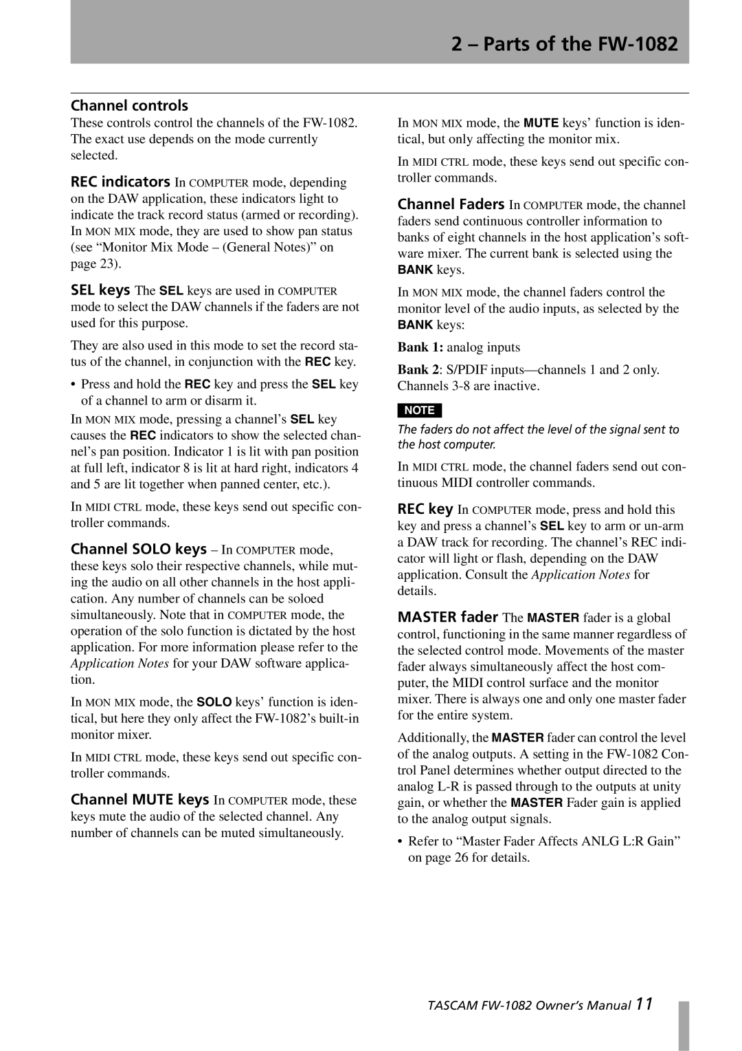 Tascam FW-1082 owner manual Channel controls 